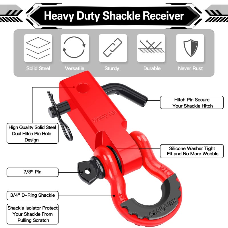 AUTOBOTS Shackle Hitch Receiver 2", 45,000 Lbs Break Strength Heavy Duty Receiver with 5/8" Screw Pin, 3/4" D Ring Shackles, Towing Accessories for Vehicle Recovery Off-Road, Red&Red - Image 2